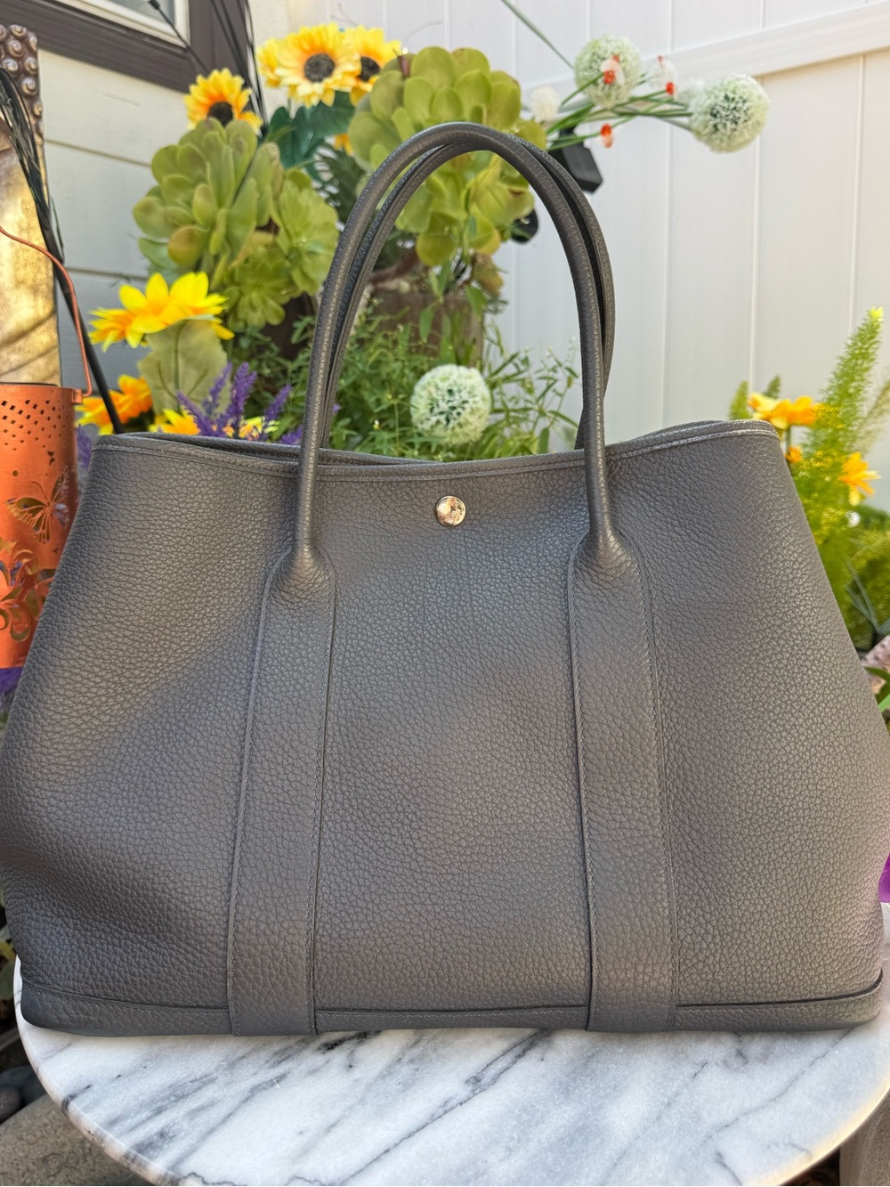 Hermes 30 Negonda Garden Party Large Calf Leather Tote in Pebbled Gray